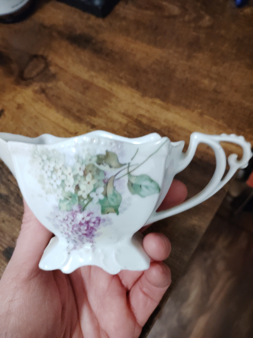 Floral Porcelain Creamer with Purple & Green Motif
